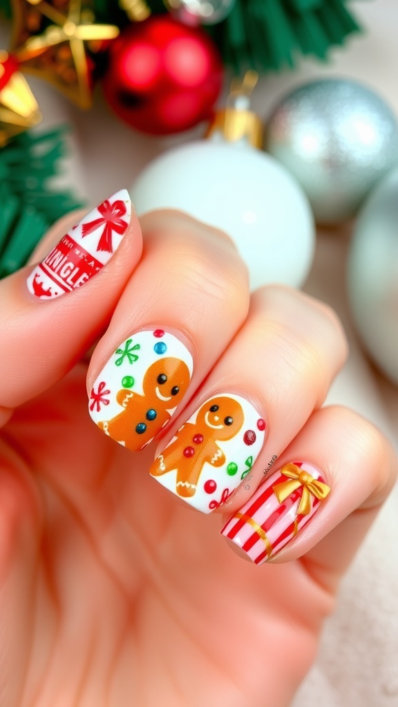 Gingerbread Man Nail Art Tutorial Nail art featuring gingerbread men and Christmas decorations on a festive background.